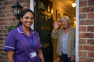 Domiciliary carer visiting a client at home in South Yorkshire